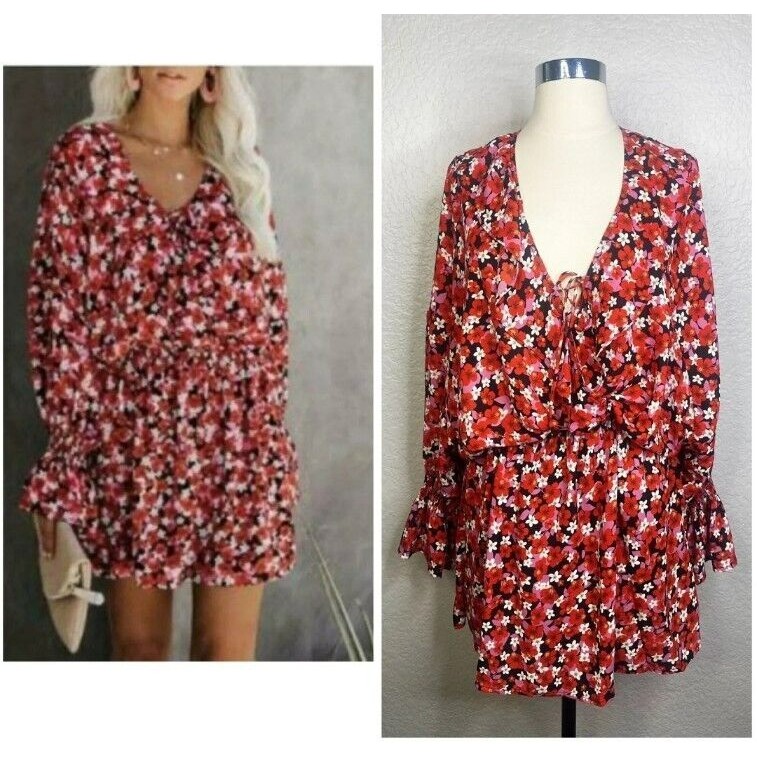 Vici Romantic Hibiscus Floral Ruffle Long Sleeve Tied Front Dress Size Medium